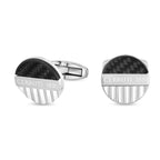 Pair of silver-toned cufflinks with a semi-circular black carbon fiber top and ridged silver-toned bottom, separated by a ban