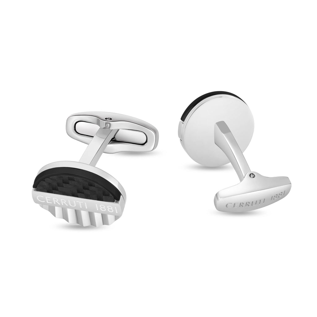 Pair of silver-toned cufflinks with black carbon fiber inlay. One face has "CERRUTI 1881" text and a ridged design.