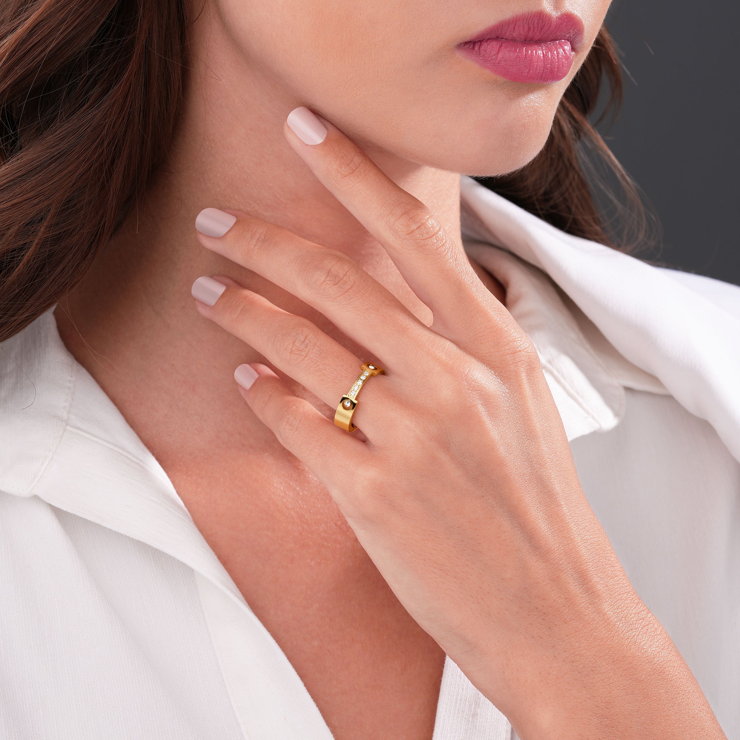 Cerruti 1881 Bridge Ladies Gold Plated Ring مع بلورات الحجم: 54