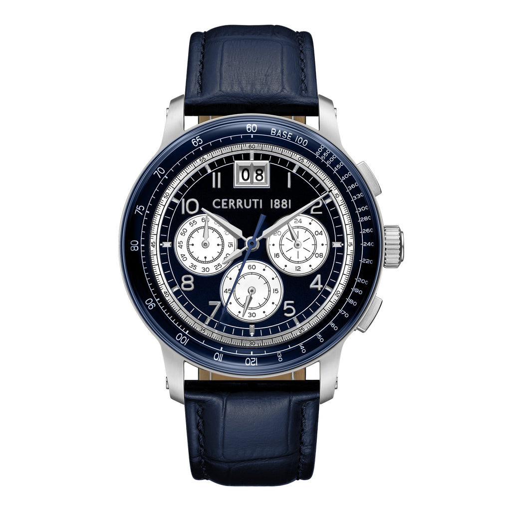 Cerruti men's chronograph watch with a dark blue dial, silver-toned case, and dark blue crocodile-embossed leather strap.
