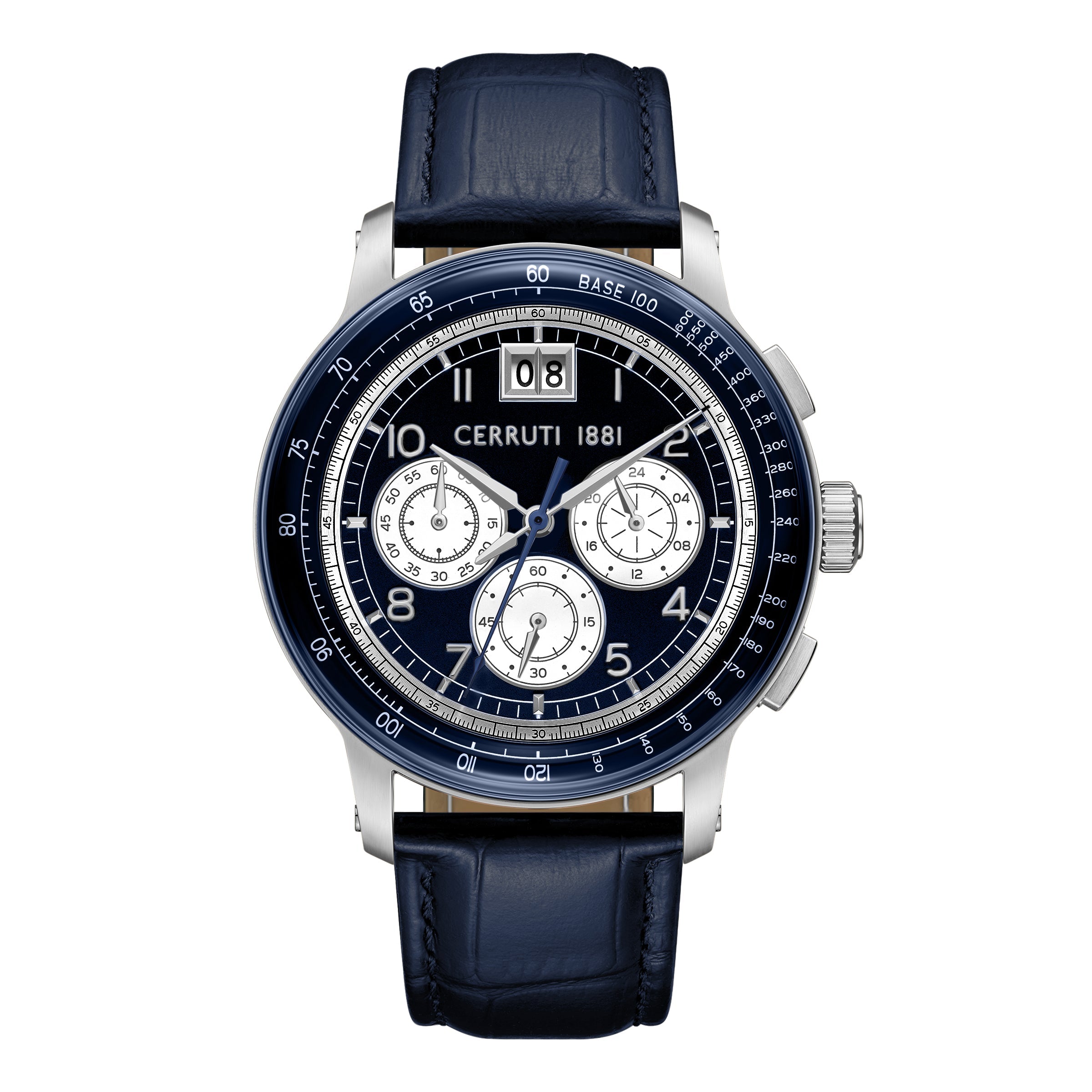 Cerruti men's chronograph watch with a dark blue dial, silver-toned case, and dark blue crocodile-embossed leather strap.