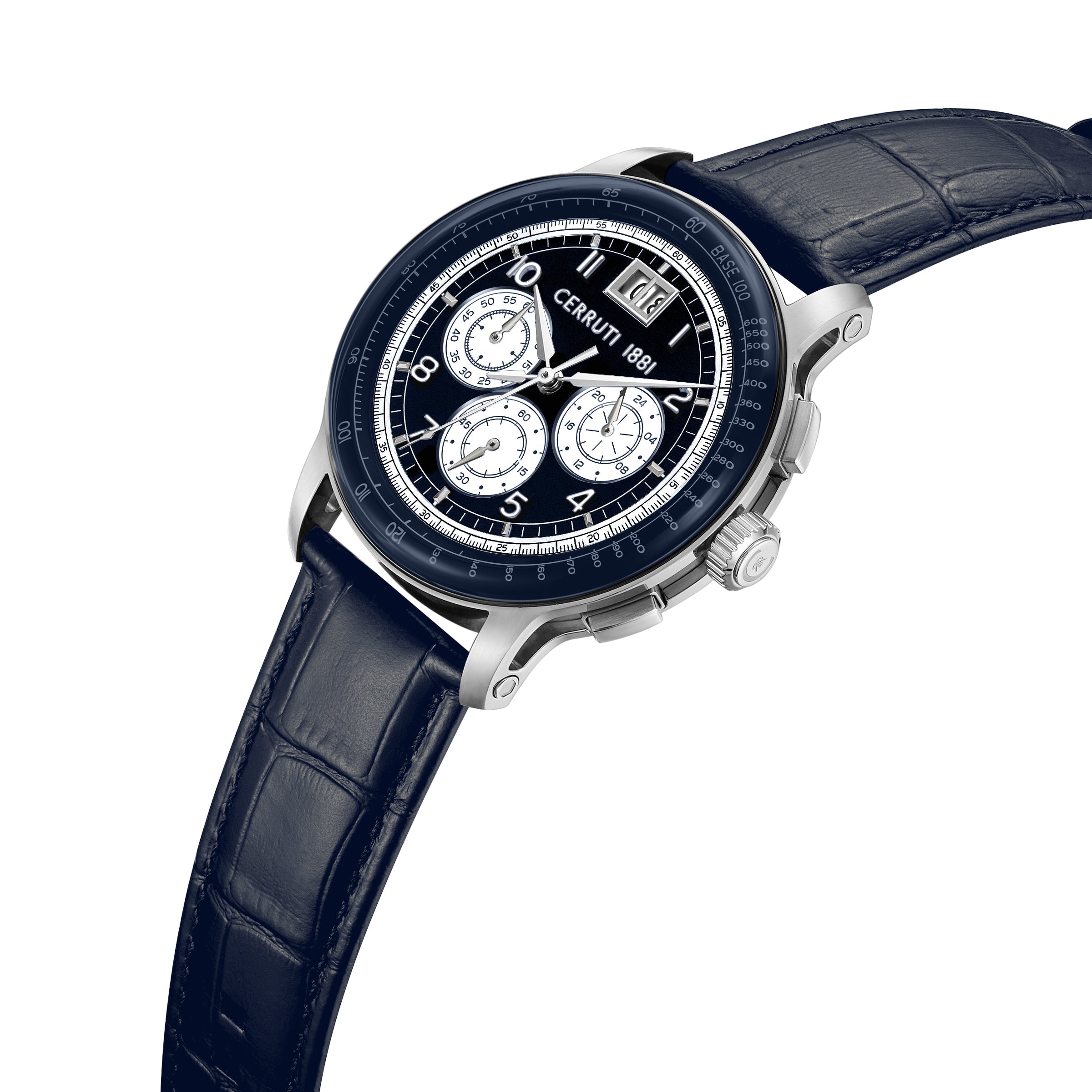 Silver-toned watch with a dark blue dial, three white subdials, and a date window, on a dark blue crocodile-embossed leather