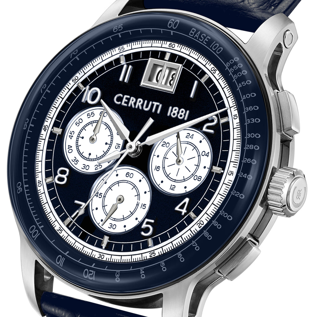Silver-toned watch with a dark blue face, white hour markers, three white sub-dials, a date window, and a dark blue textured