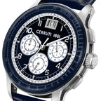 Silver-toned watch with a dark blue face, white hour markers, three white sub-dials, a date window, and a dark blue textured