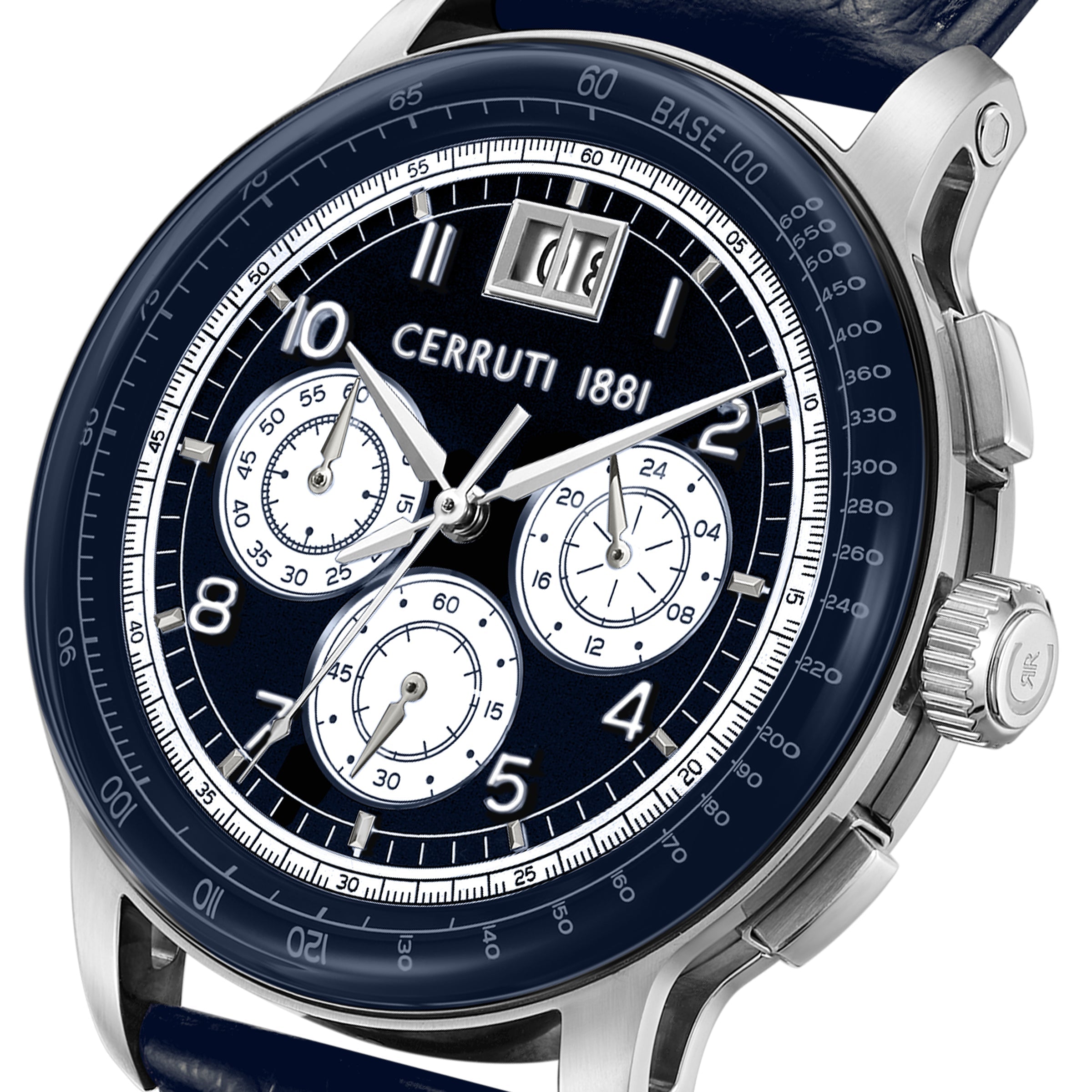 Silver-toned watch with a dark blue face, white hour markers, three white sub-dials, a date window, and a dark blue textured