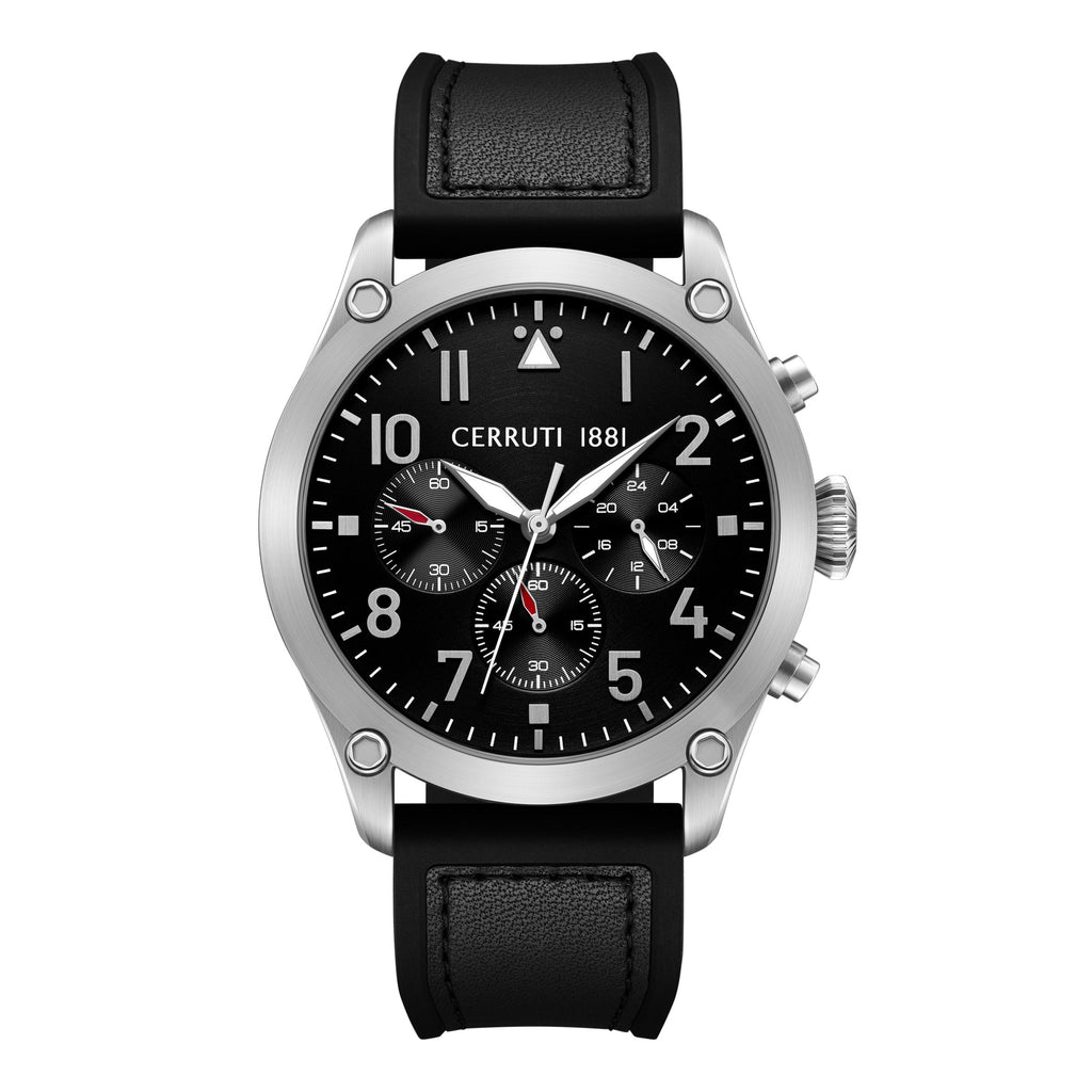Men's Cerruti chronograph watch with a silver-toned case, black dial, and black leather-look strap.