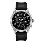 Men's Cerruti chronograph watch with a silver-toned case, black dial, and black leather-look strap.