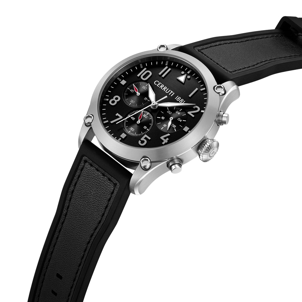 Silver-toned watch with a black dial, white markers, three subdials, and a black textured leather-look strap.