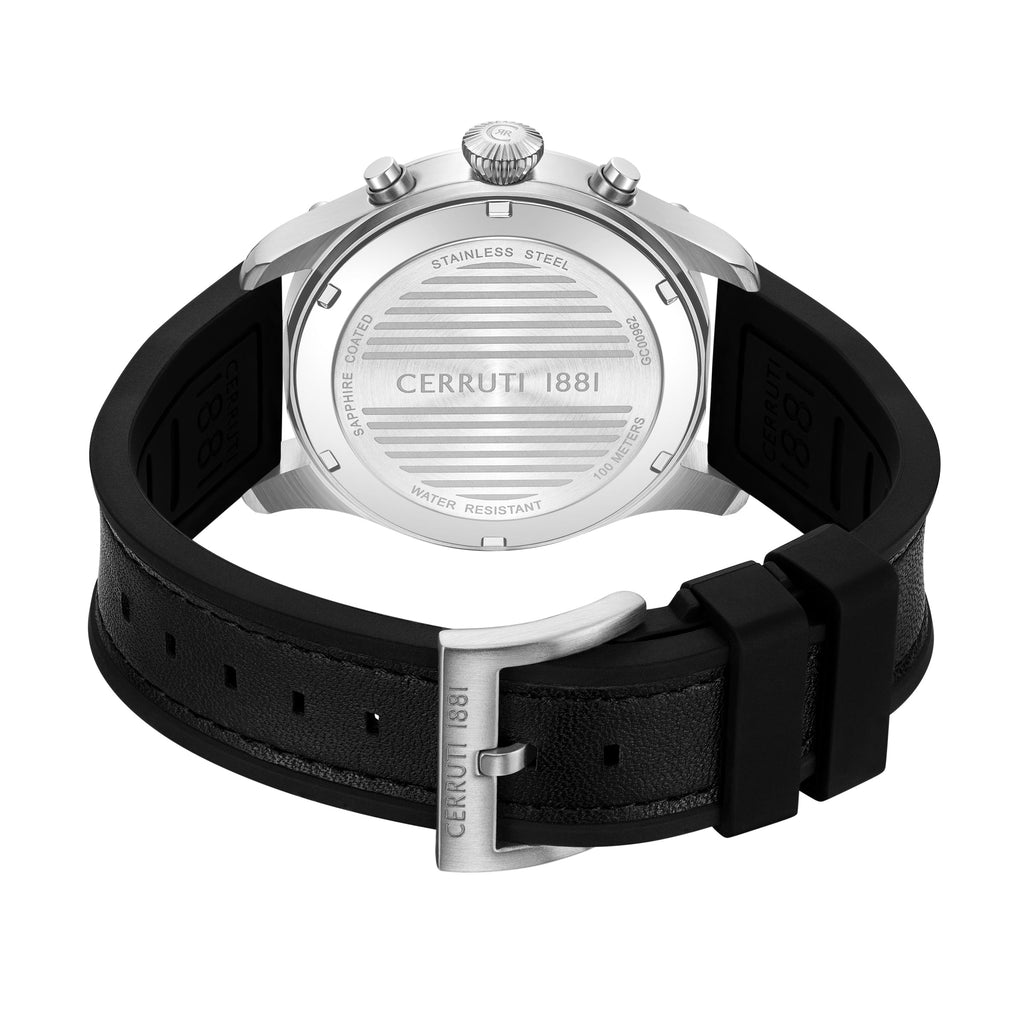 Silver-toned stainless steel watch back with engraved details, a black leather and rubber strap, and a silver-toned buckle.