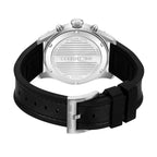 Silver-toned stainless steel watch back with engraved details, a black leather and rubber strap, and a silver-toned buckle.