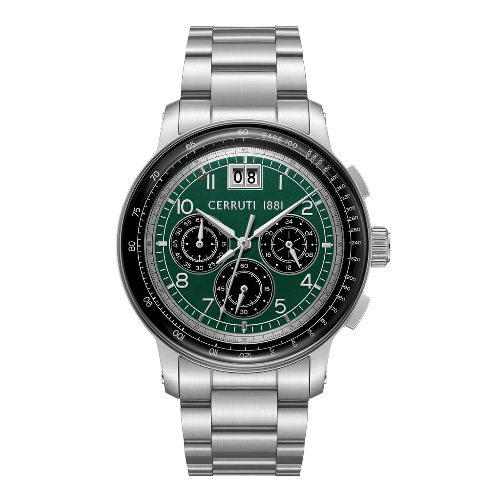 Cerruti men's watch with a silver-toned stainless steel case and bracelet, green dial with three black sub-dials and a date w
