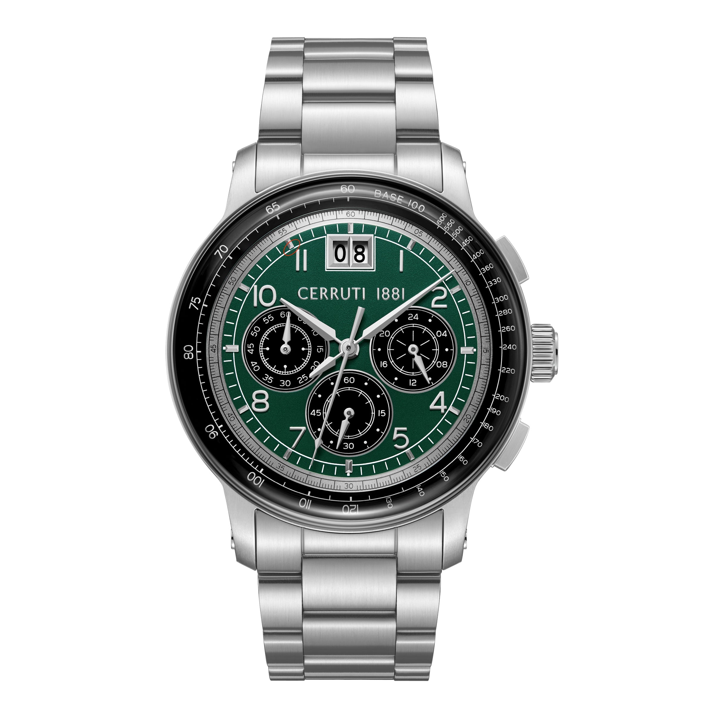 Cerruti men's watch with a silver-toned stainless steel case and bracelet, green dial with three black sub-dials and a date w