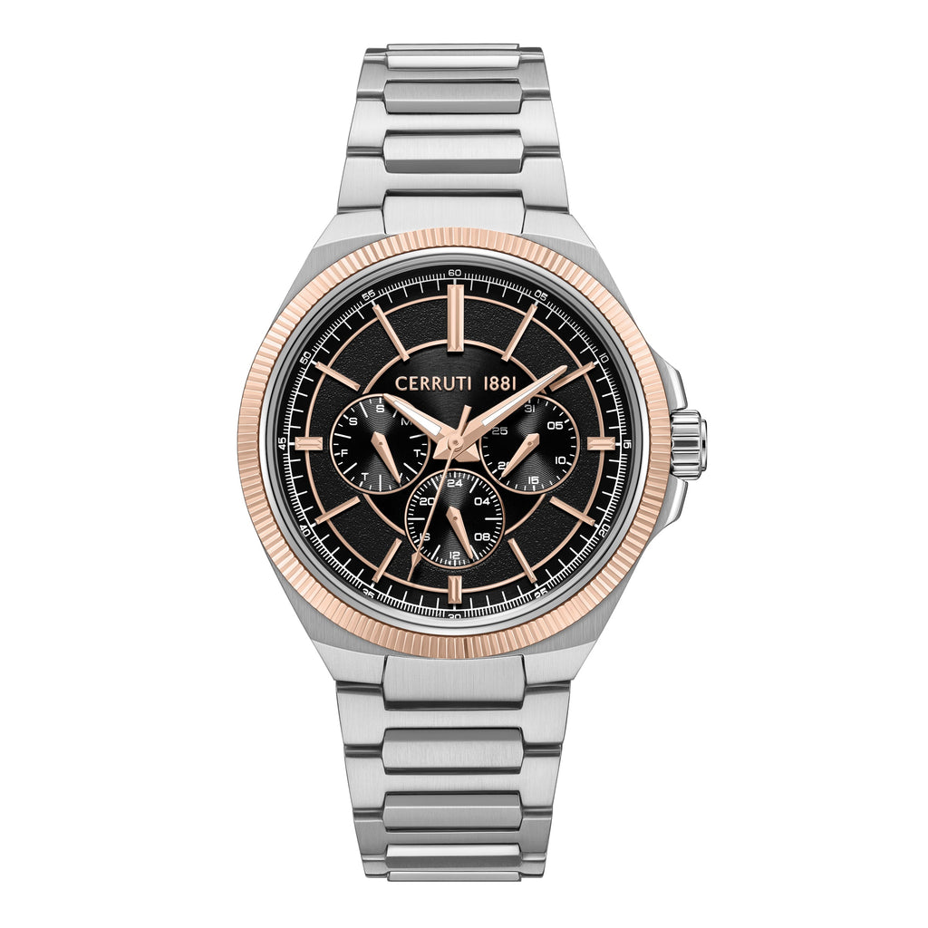 Cerruti men's stainless steel watch with a silver-toned bracelet, rose gold-toned fluted bezel, and black multi-dial face.