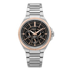 Cerruti men's stainless steel watch with a silver-toned bracelet, rose gold-toned fluted bezel, and black multi-dial face.