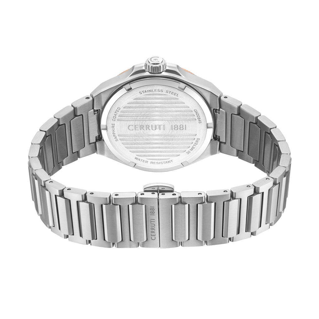 Back view of a silver-toned stainless steel watch with a link bracelet. Engraved case back, subtle rose-gold accent on the si