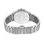 Back view of a silver-toned stainless steel watch with a link bracelet. Engraved case back, subtle rose-gold accent on the si