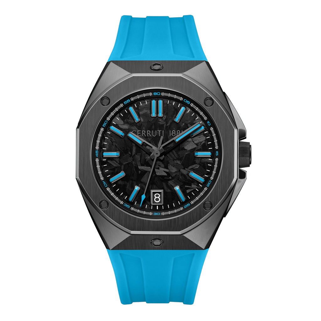 Cerruti watch with a dark grey octagonal case, black carbon fibre dial with sky blue accents, and a sky blue silicone strap.