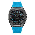 Cerruti watch with a dark grey octagonal case, black carbon fibre dial with sky blue accents, and a sky blue silicone strap.
