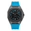 Cerruti watch with a dark grey octagonal case, black carbon fibre dial with sky blue accents, and a sky blue silicone strap.