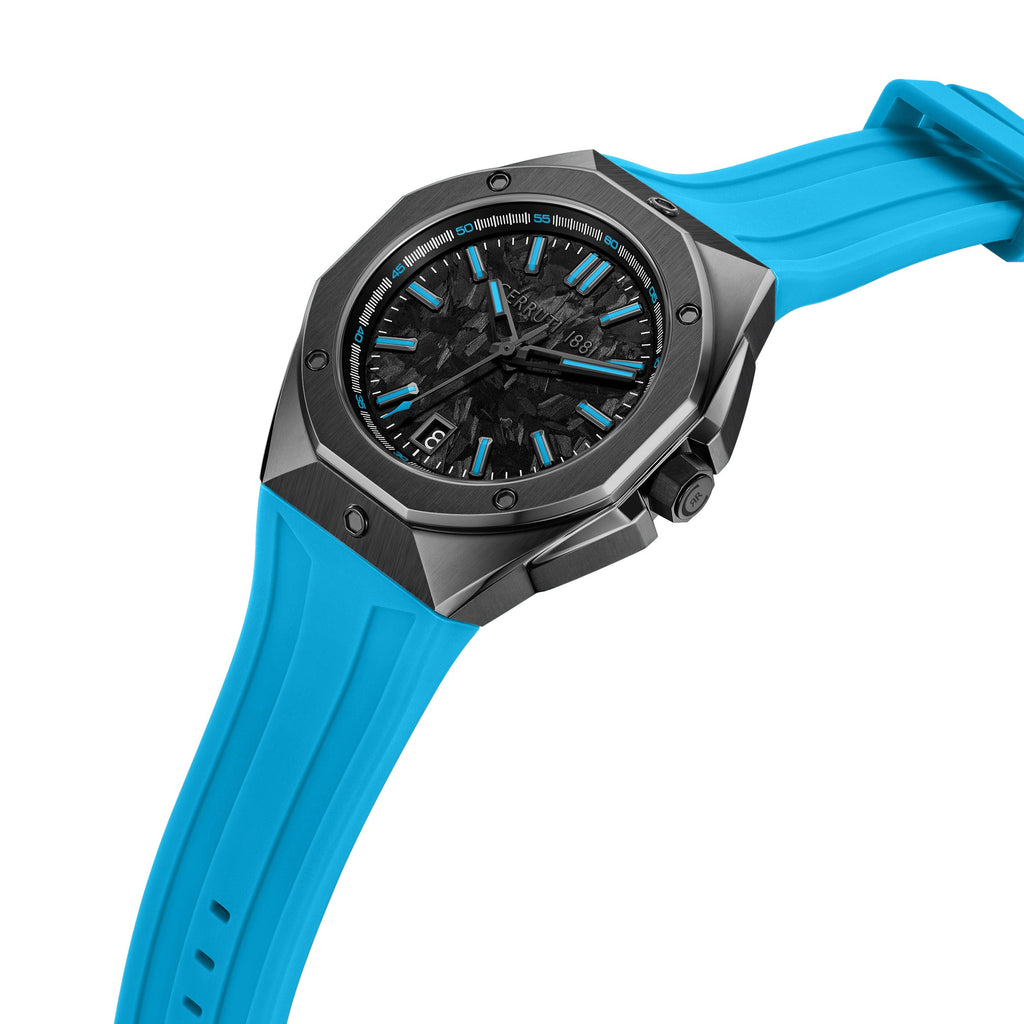 Octagonal gunmetal watch with black carbon fiber dial, blue markers, and sky blue silicone strap.