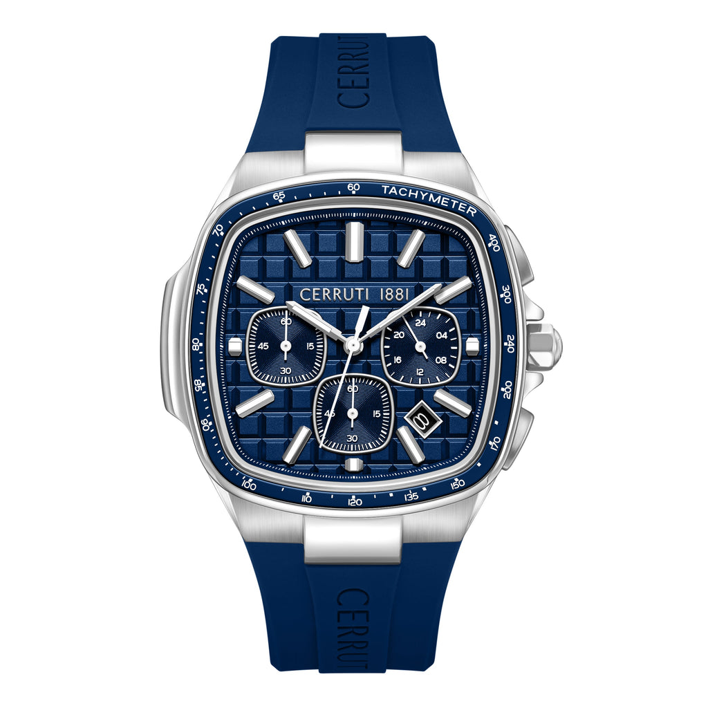 Cerruti men's watch with a silver-toned cushion-shaped case, blue patterned dial, three sub-dials, and a blue silicone strap.