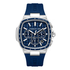 Cerruti men's watch with a silver-toned cushion-shaped case, blue patterned dial, three sub-dials, and a blue silicone strap.