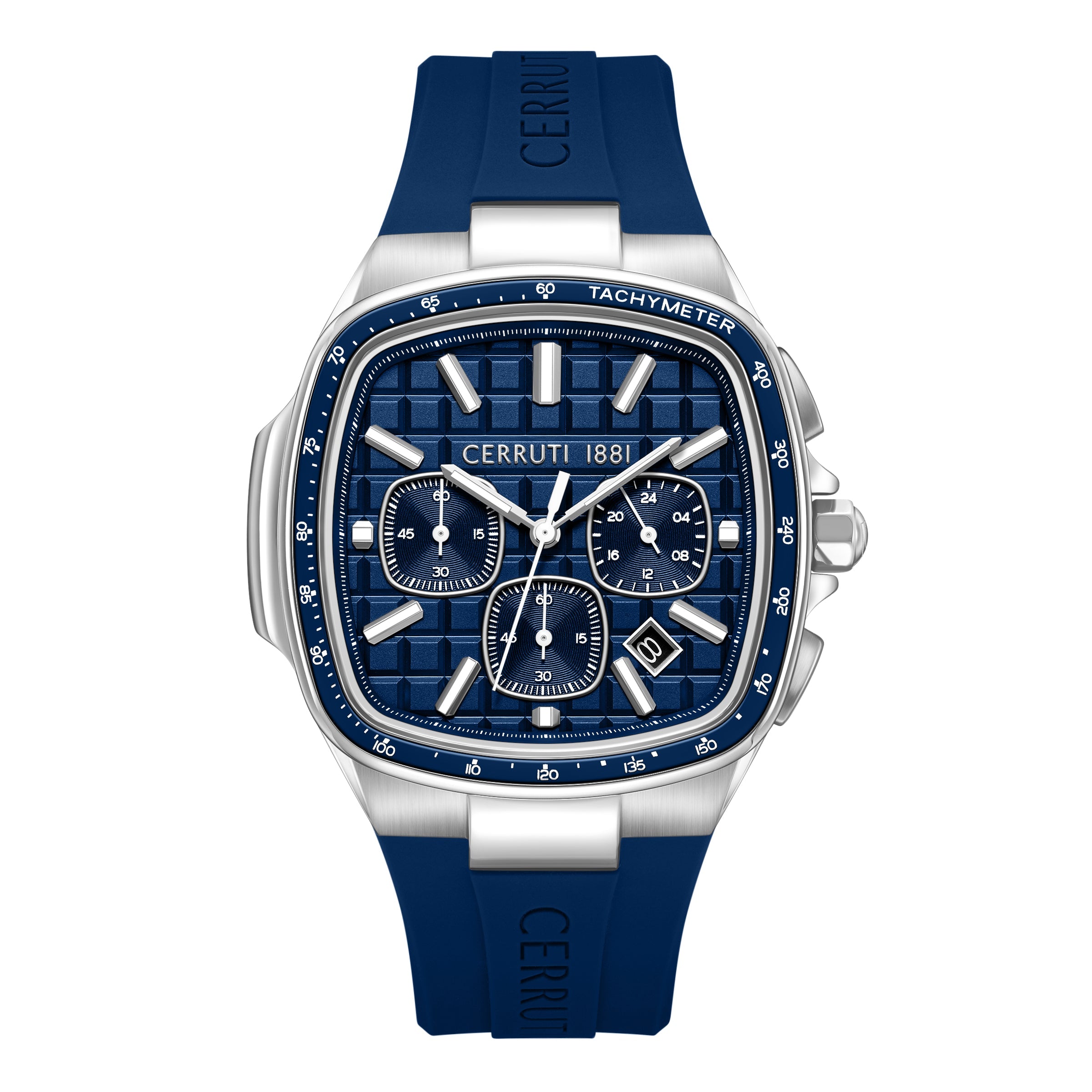 Cerruti men's watch with a silver-toned cushion-shaped case, blue patterned dial, three sub-dials, and a blue silicone strap.