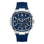 Cerruti men's watch with a silver-toned cushion-shaped case, blue patterned dial, three sub-dials, and a blue silicone strap.