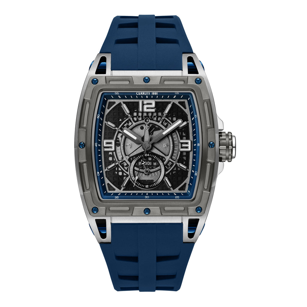 Cerruti men's watch with a silver-toned tonneau case, dark grey textured dial, and a blue silicone strap