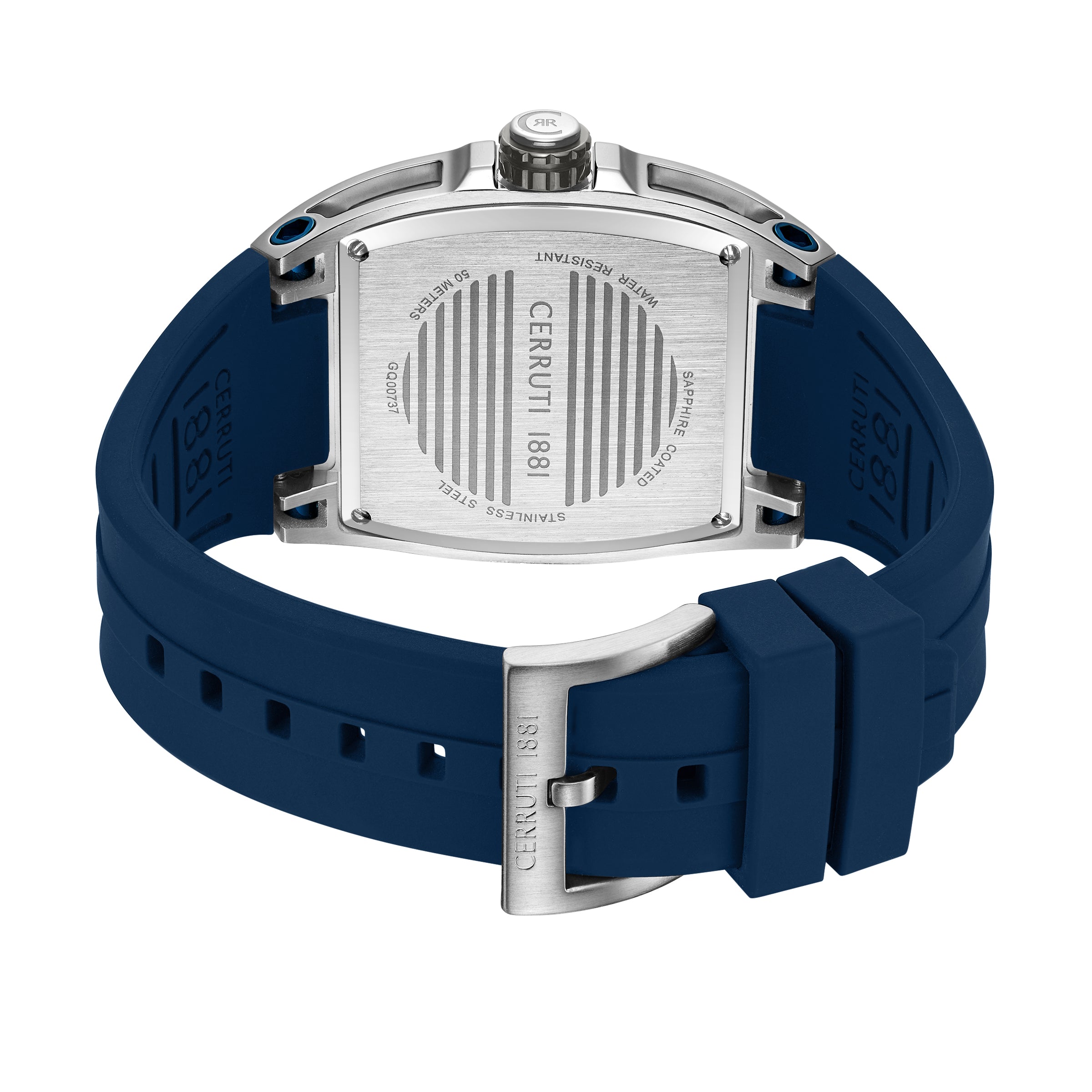 Back of a watch with a blue silicone strap, silver-toned rectangular stainless steel case, and blue accents. Silver-toned buc