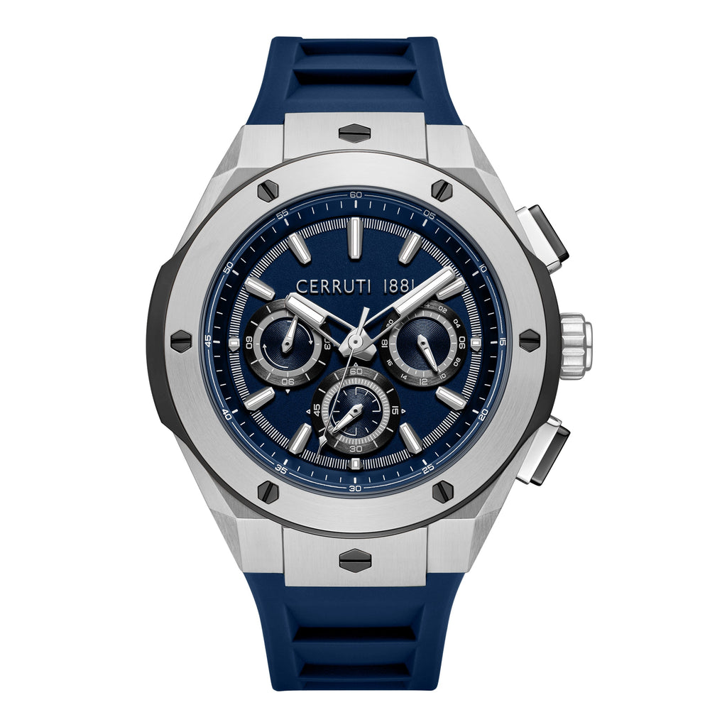 Men's silver-toned chronograph watch with a dark blue dial, three sub-dials, and a navy blue rubber strap.