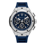 Men's silver-toned chronograph watch with a dark blue dial, three sub-dials, and a navy blue rubber strap.