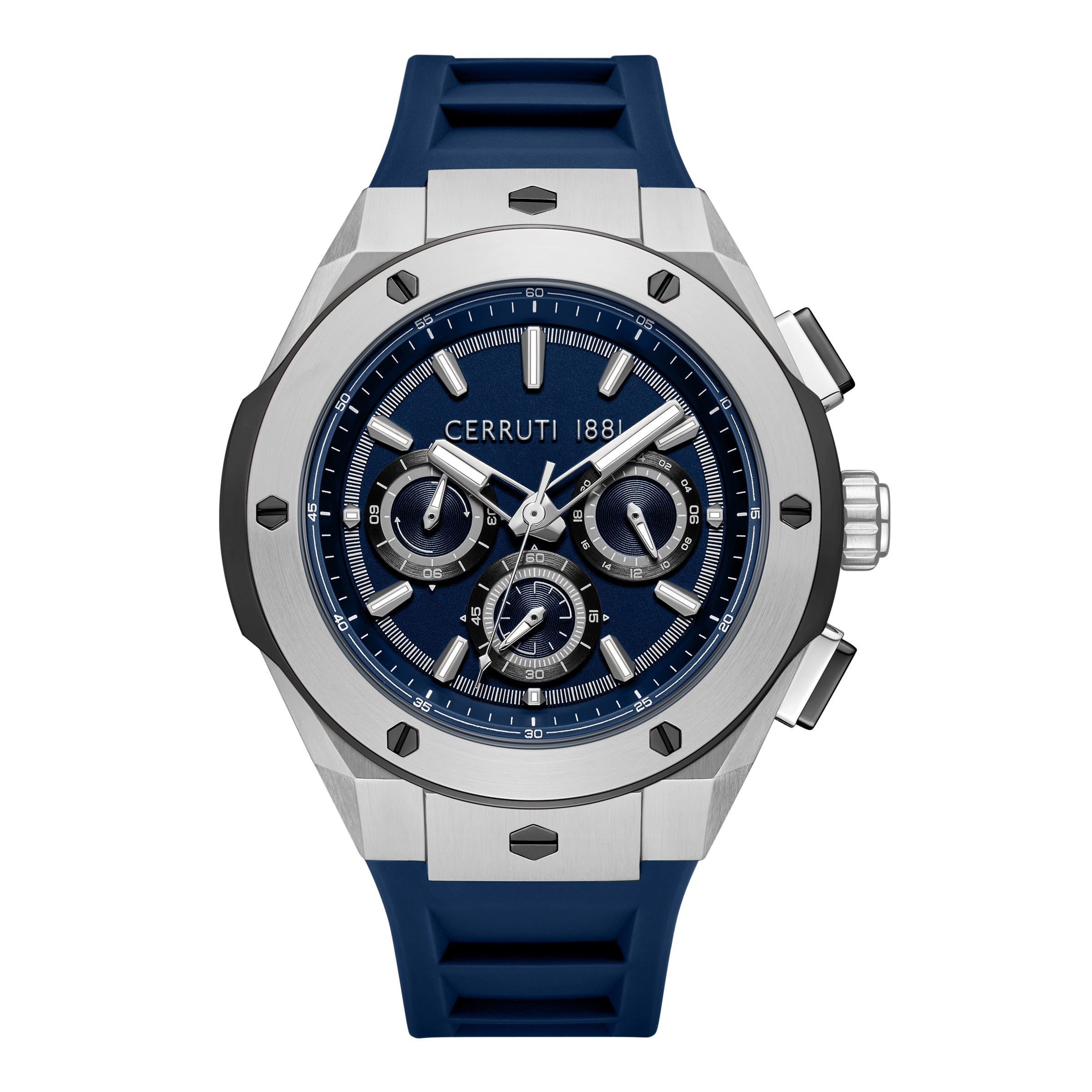 Men's silver-toned chronograph watch with a dark blue dial, three sub-dials, and a navy blue rubber strap.