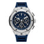 Men's silver-toned chronograph watch with a dark blue dial, three sub-dials, and a navy blue rubber strap.