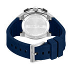 Silver-toned stainless steel watch with black pushers, a dark blue silicone strap embossed 'CERRUTI 1881', and a silver-toned