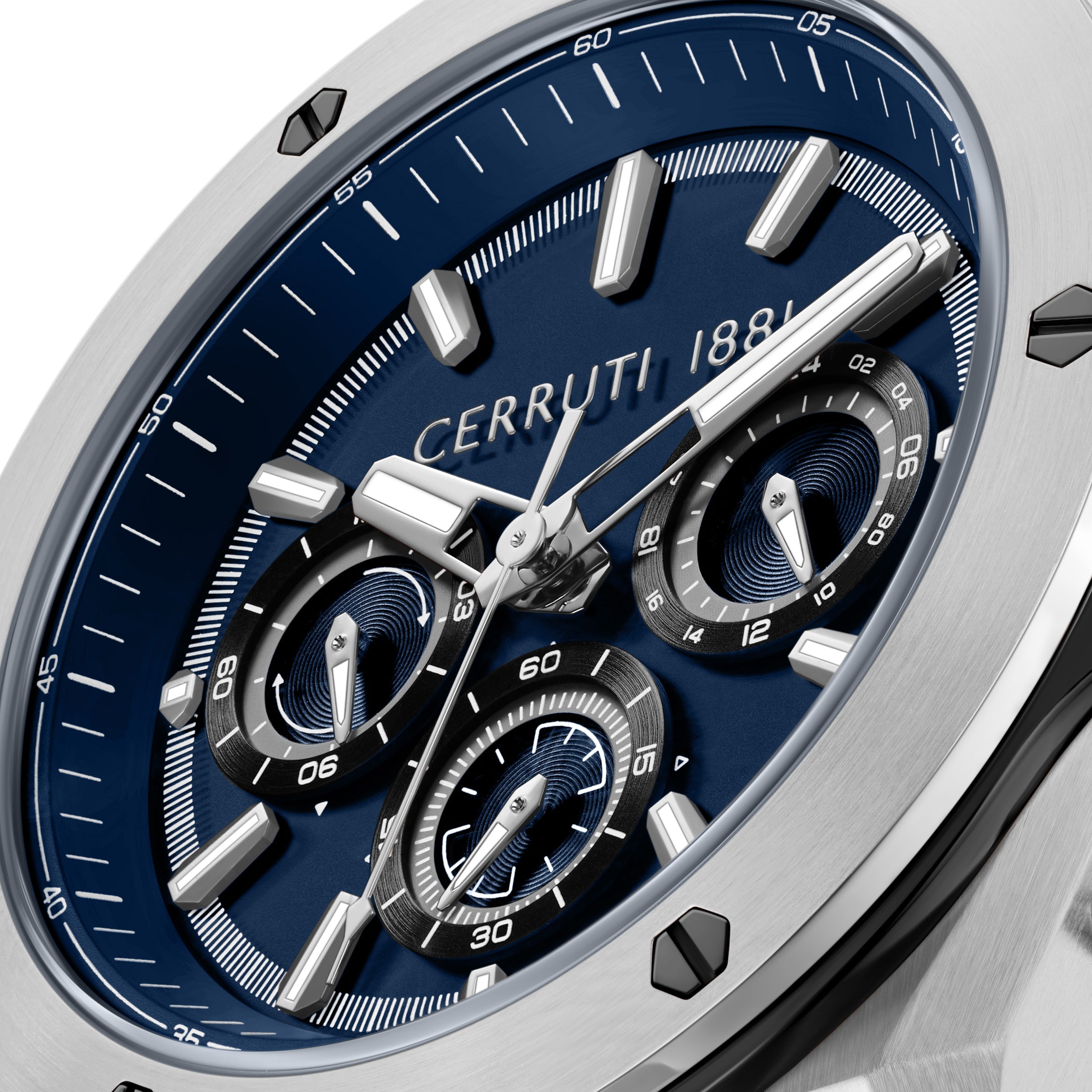 Silver-toned oval watch with a deep blue dial, silver-toned hands, rectangular markers, and three black-rimmed subdials.