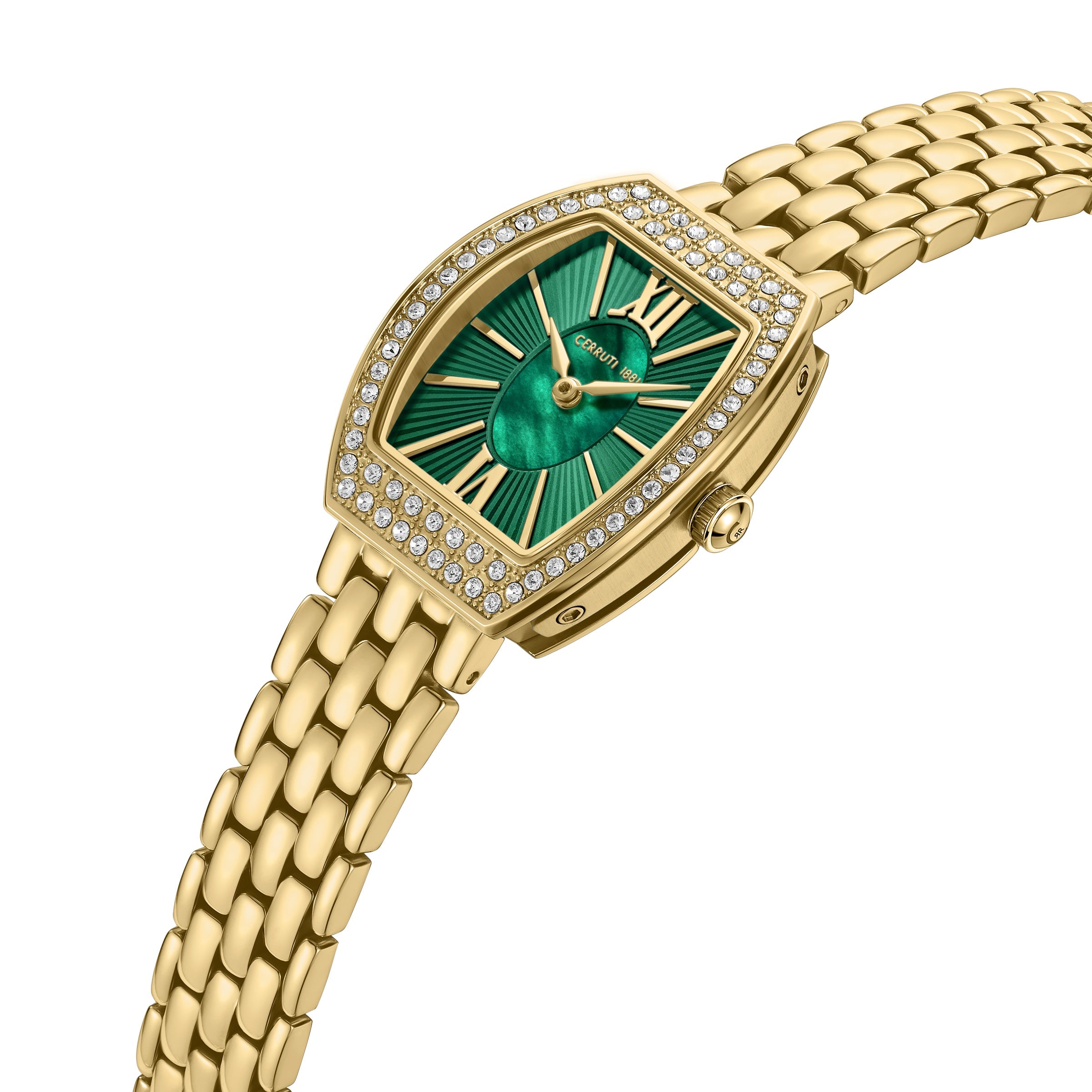 Gold-toned tonneau watch with a green dial, radial lines, crystal-studded bezel, Roman numerals, and a multi-link bracelet.