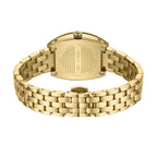 Gold-toned watch, back view. Curved rectangular case with brushed finish. Multi-link bracelet with open butterfly clasp.