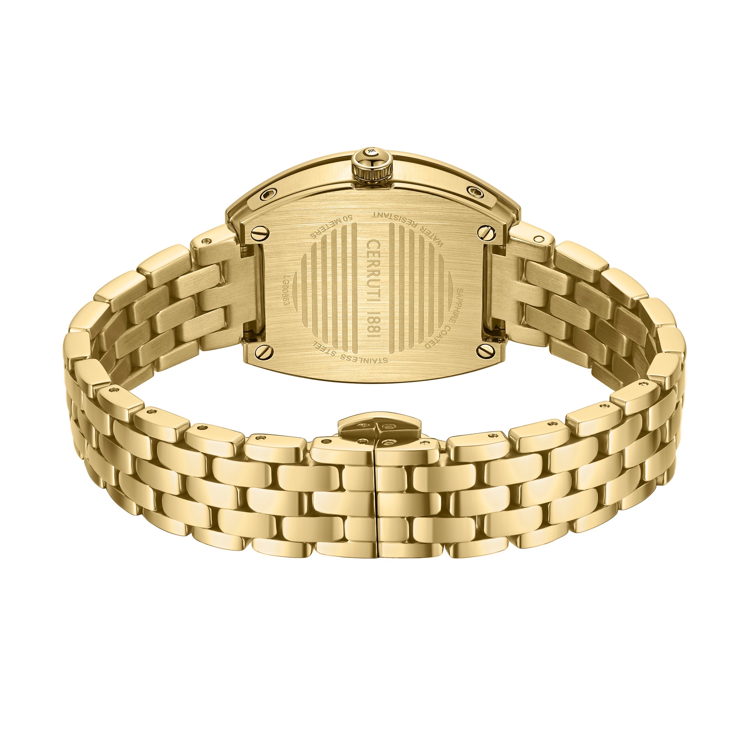 Gold-toned watch, back view. Curved rectangular case with brushed finish. Multi-link bracelet with open butterfly clasp.