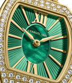Gold-toned octagonal watch with crystal-encrusted bezel. Green dial with marbled center, striped outer ring, gold-toned hands