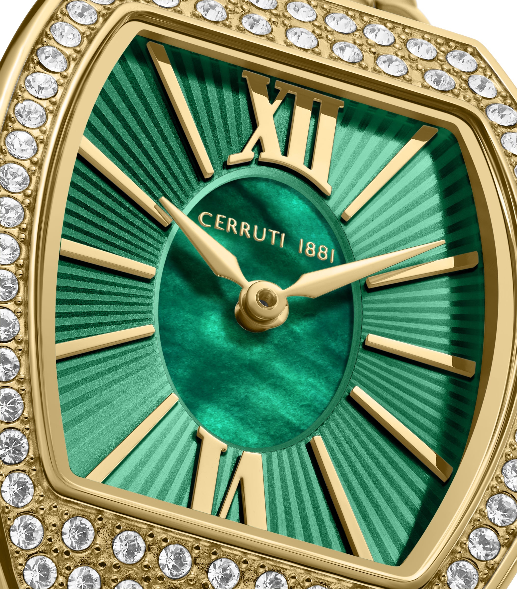 Gold-toned octagonal watch with crystal-encrusted bezel. Green dial with marbled center, striped outer ring, gold-toned hands
