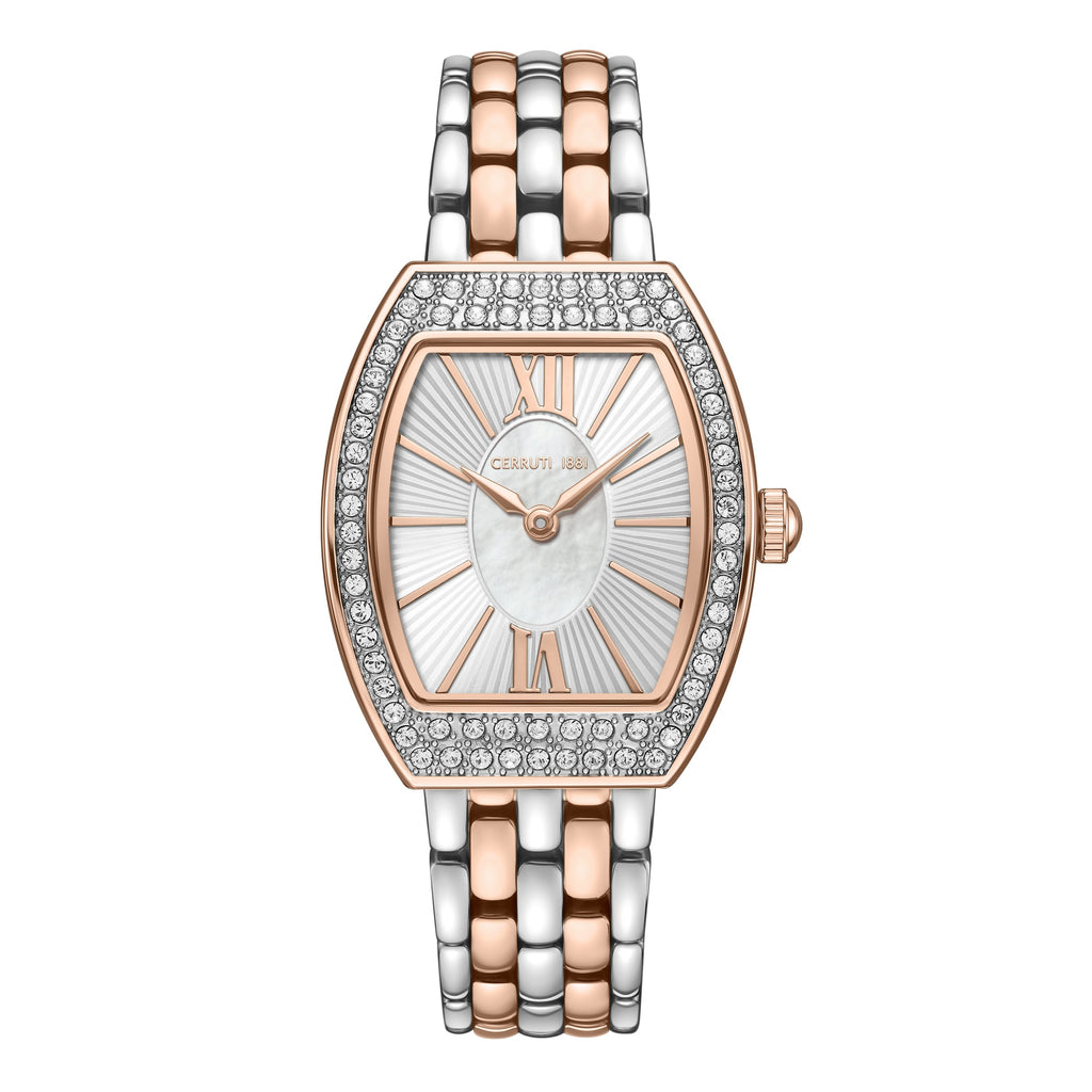 Cerruti women's watch with a rose gold-toned tonneau case, silver-toned sunray dial, mother-of-pearl centre, crystal bezel, a
