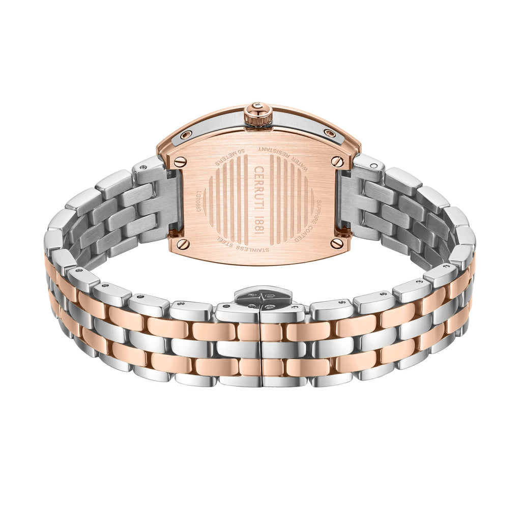 Rose gold-toned rectangular watch with a silver-toned bezel and a two-toned metal link bracelet, featuring alternating silver