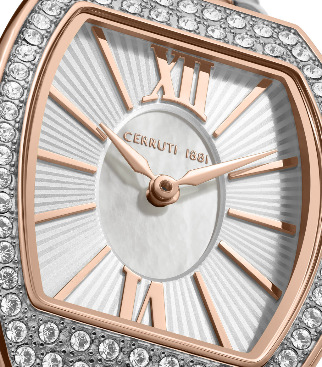 Rose gold-toned octagonal watch with crystal bezel, white striped dial, mother-of-pearl center, and rose gold-toned Roman/sti