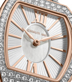 Rose gold-toned octagonal watch with crystal bezel, white striped dial, mother-of-pearl center, and rose gold-toned Roman/sti