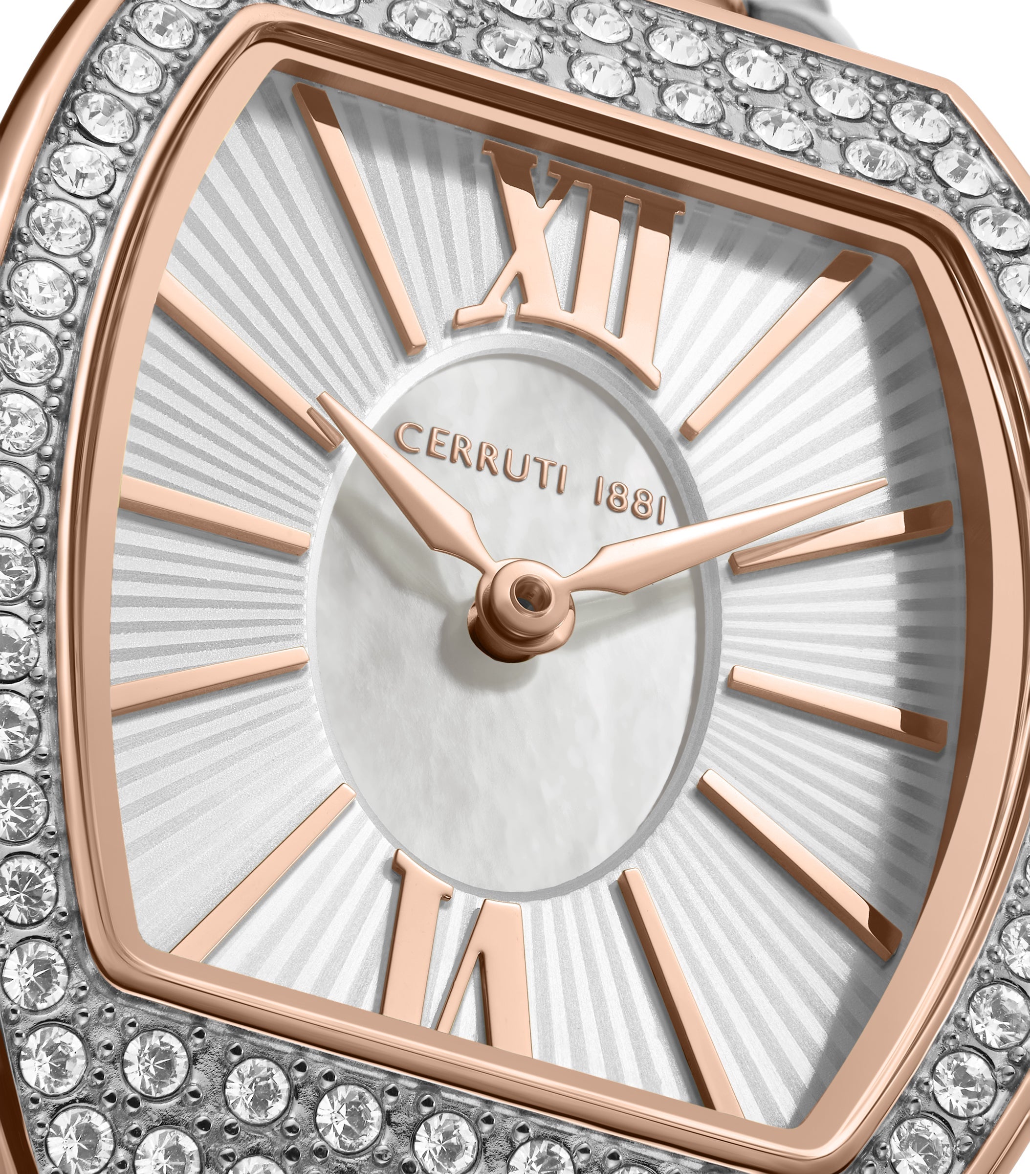 Rose gold-toned octagonal watch with crystal bezel, white striped dial, mother-of-pearl center, and rose gold-toned Roman/sti