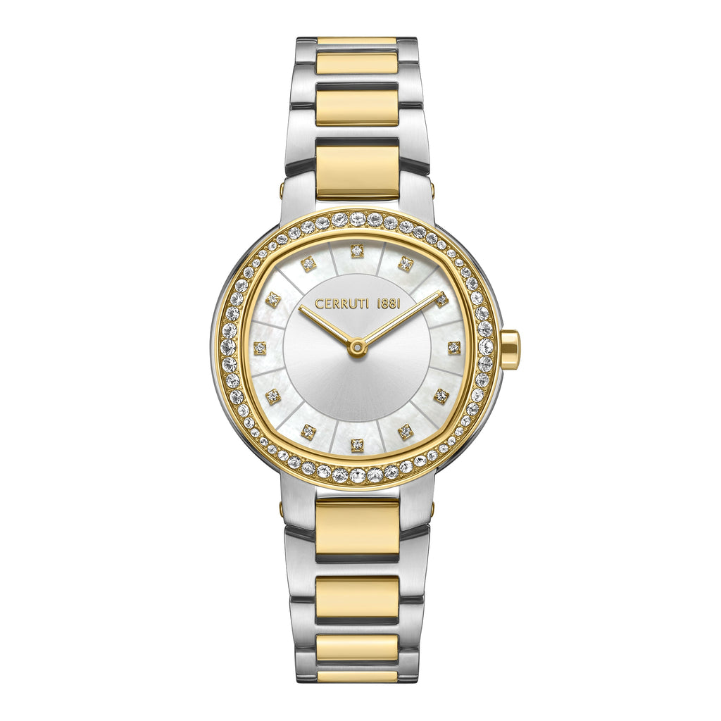 Cerruti women's watch with a silver-toned and gold-toned metal link bracelet, gold-toned stone-set bezel, and white mother-of