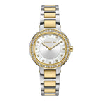 Cerruti women's watch with a silver-toned and gold-toned metal link bracelet, gold-toned stone-set bezel, and white mother-of