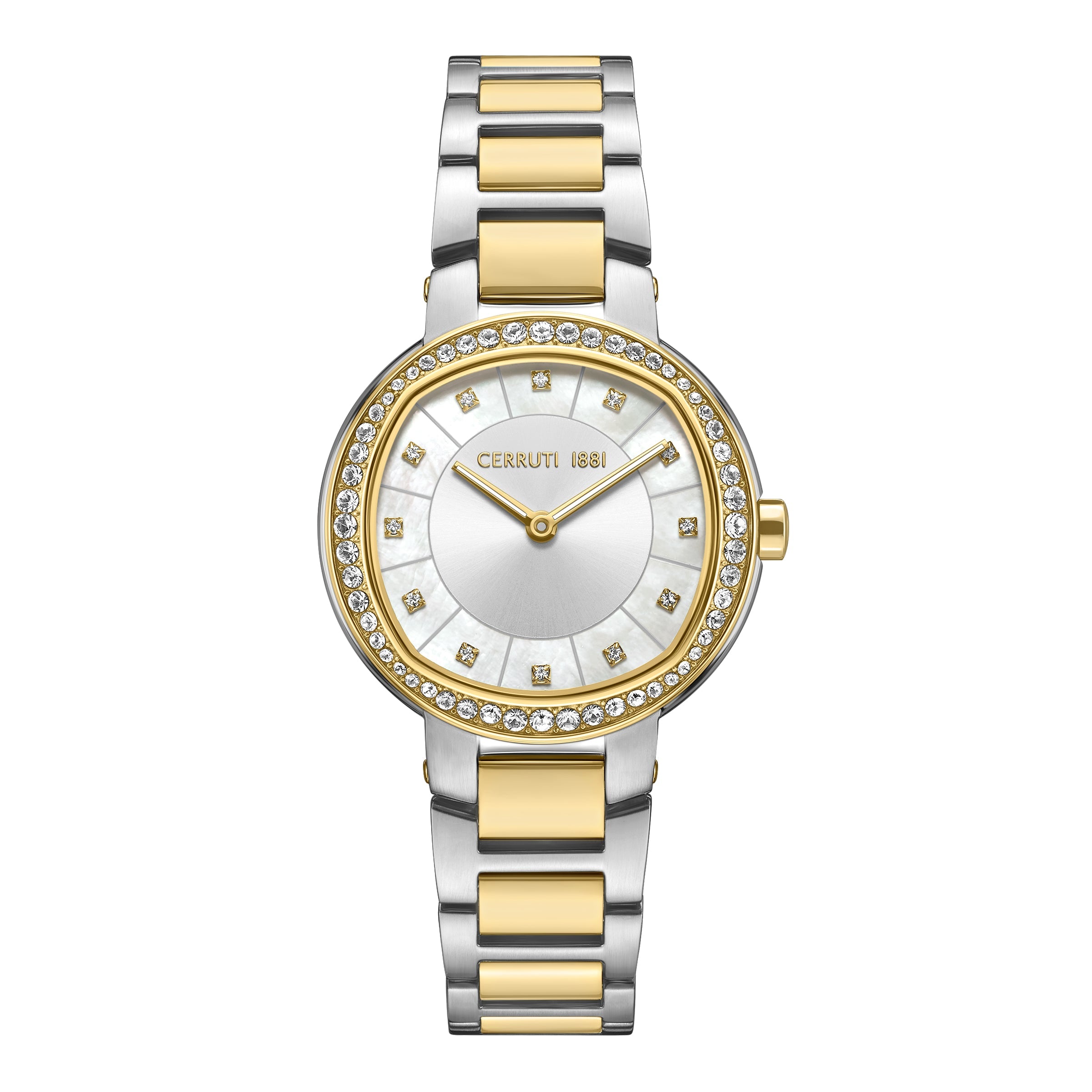 Cerruti women's watch with a silver-toned and gold-toned metal link bracelet, gold-toned stone-set bezel, and white mother-of