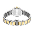 Back view of a silver-toned watch with a gold-toned crown and a two-tone metal bracelet with silver-toned outer links and gol